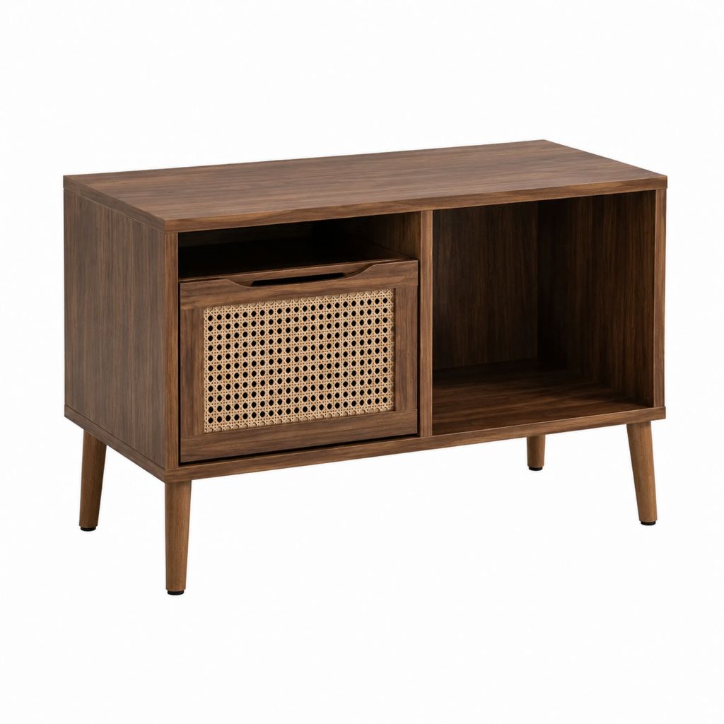 Couchtisch Nussbraun mit Rattanfront und Schublade 80 x 40 x 60 cm