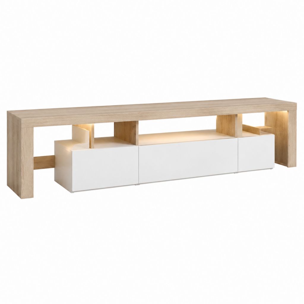 TV Lowboard Eichefarben Weiß aus Spanplatte rechteckig mit LED-Beleuchtung 200 x 40 x 50 cm