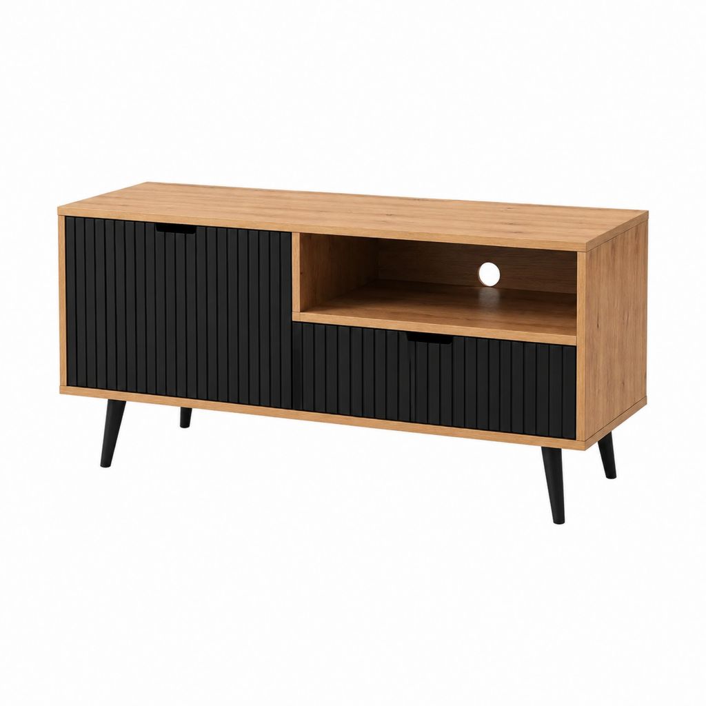 TV-Lowboard Eiche Dekor Schwarz aus Spanplatte rechteckig mit 2 Schrankfächern und offenem Fach 140 x 40 x 60 cm