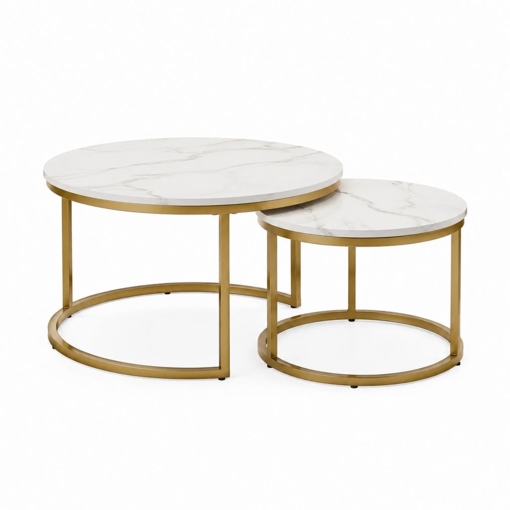 Couchtisch Set 2-teilig Weiß Gold MDF Stahl Rund Ø 80 cm und Ø 60 cm