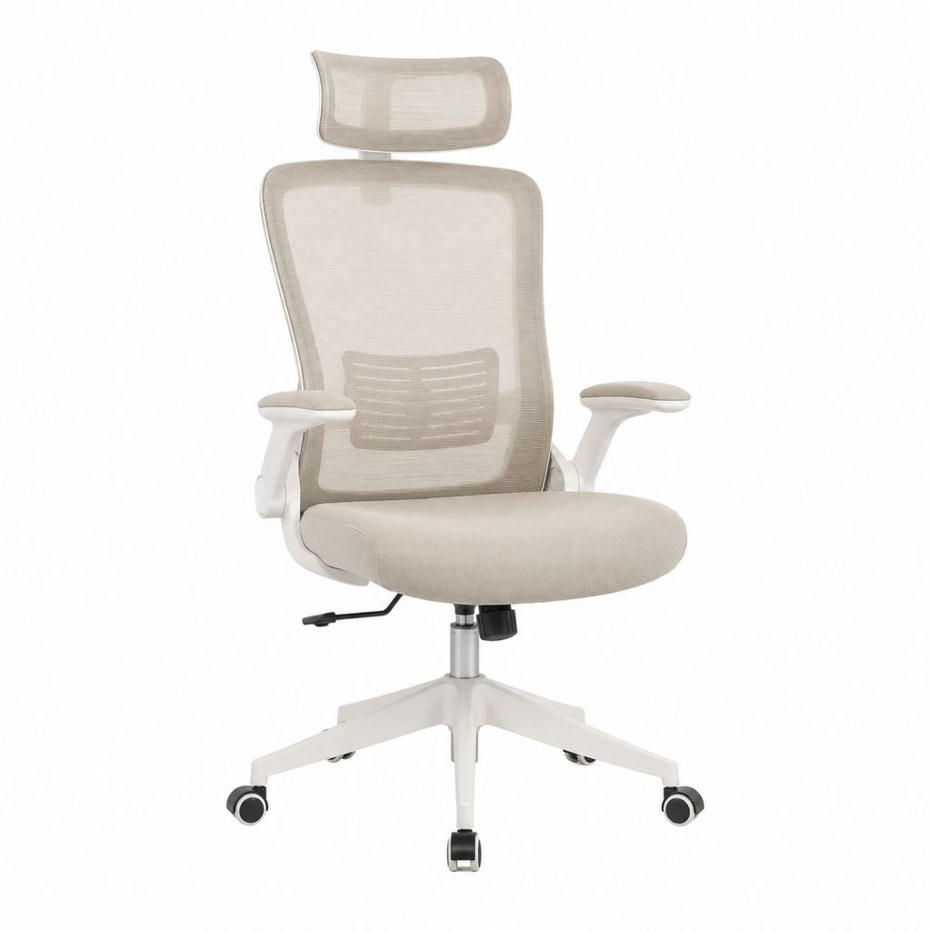 Bürostuhl mit Kopfstütze Beige Weiß Polyester-Netzrücken 65 x 65 x 116-126 cm