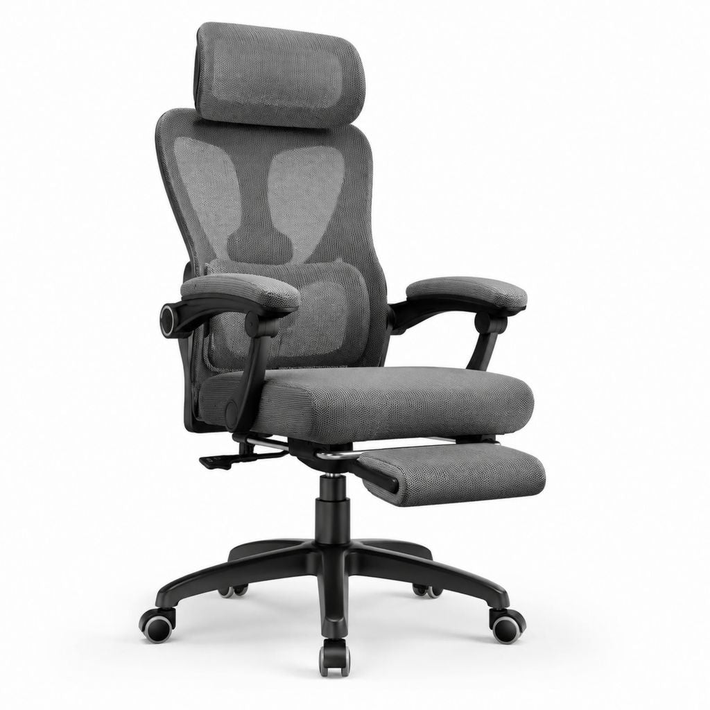 Ergonomischer Bürostuhl Grau Schwarz mit Polyester-Netzrücken Kopfstütze Fußstütze und Rollen 68 x 68 x 116-126 cm