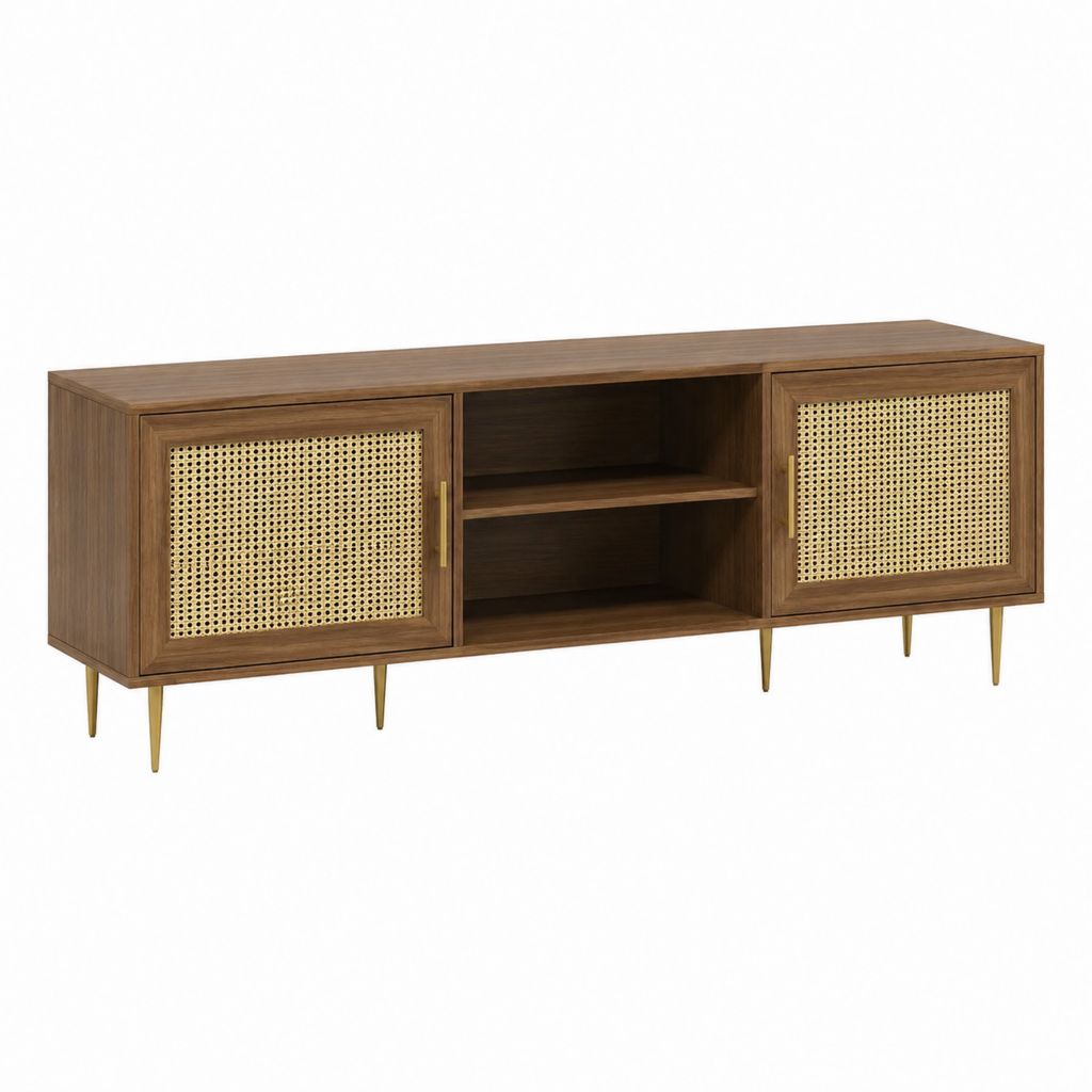 TV-Lowboard Walnussbraun MDF Rattan 160 x 40 x 60 cm mit 2 Türen und offenen Fächern