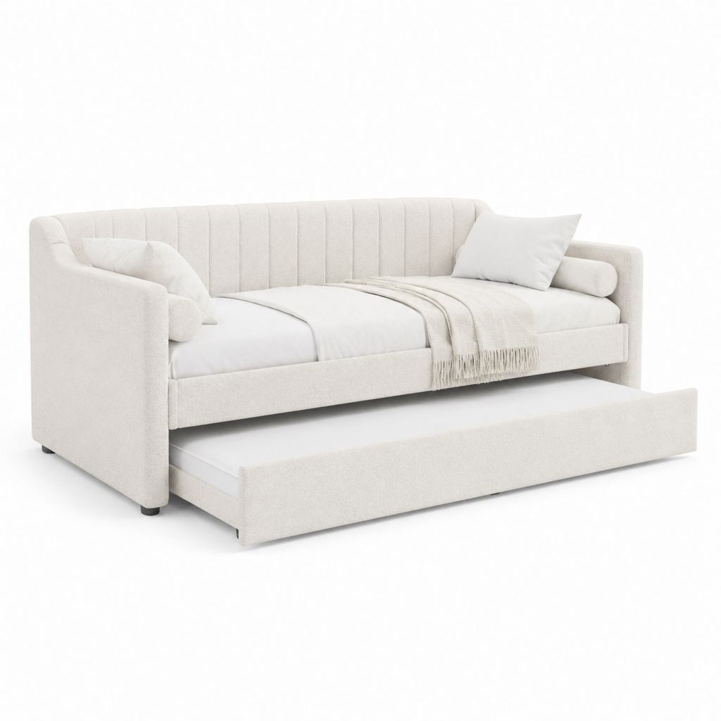 Schlafsofa Ausziehbett Creme Polyester Rechteckig 210 x 100 x 85 cm mit 2 Liegeflächen 200 x 90 cm