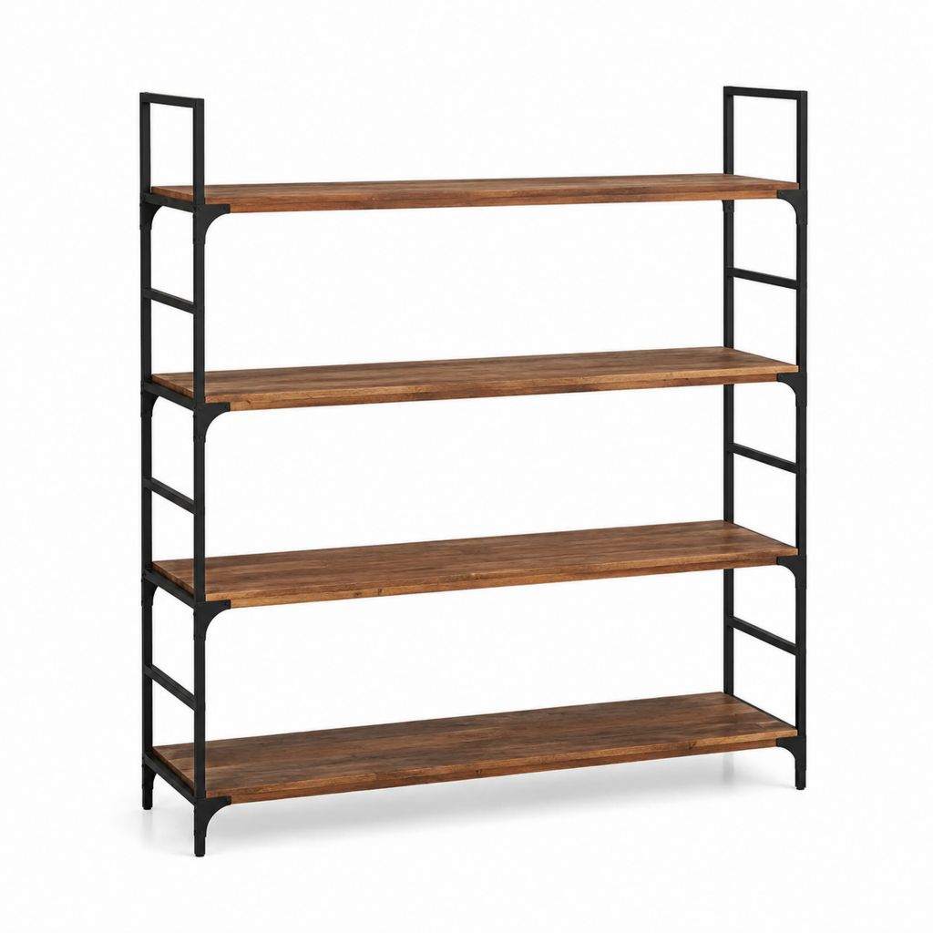 Standregal mit 4 Ablagen Braun Schwarz aus Mangoholz und Stahl 120 x 40 x 180 cm