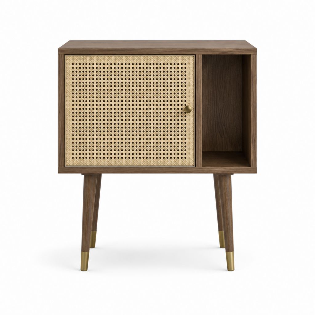 Nachttisch mit Tür und offenem Fach Walnussbraun Rattan rechteckig 60 x 40 x 70 cm